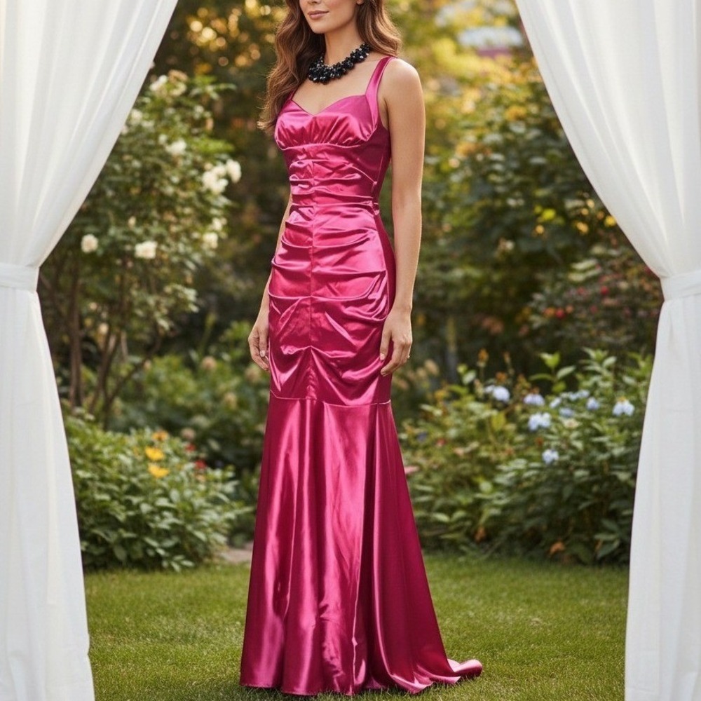 Xscape Joanna Chen Dress 2 Fuchsia Pink Ruched Satin Mermaid Evening Gown 4102